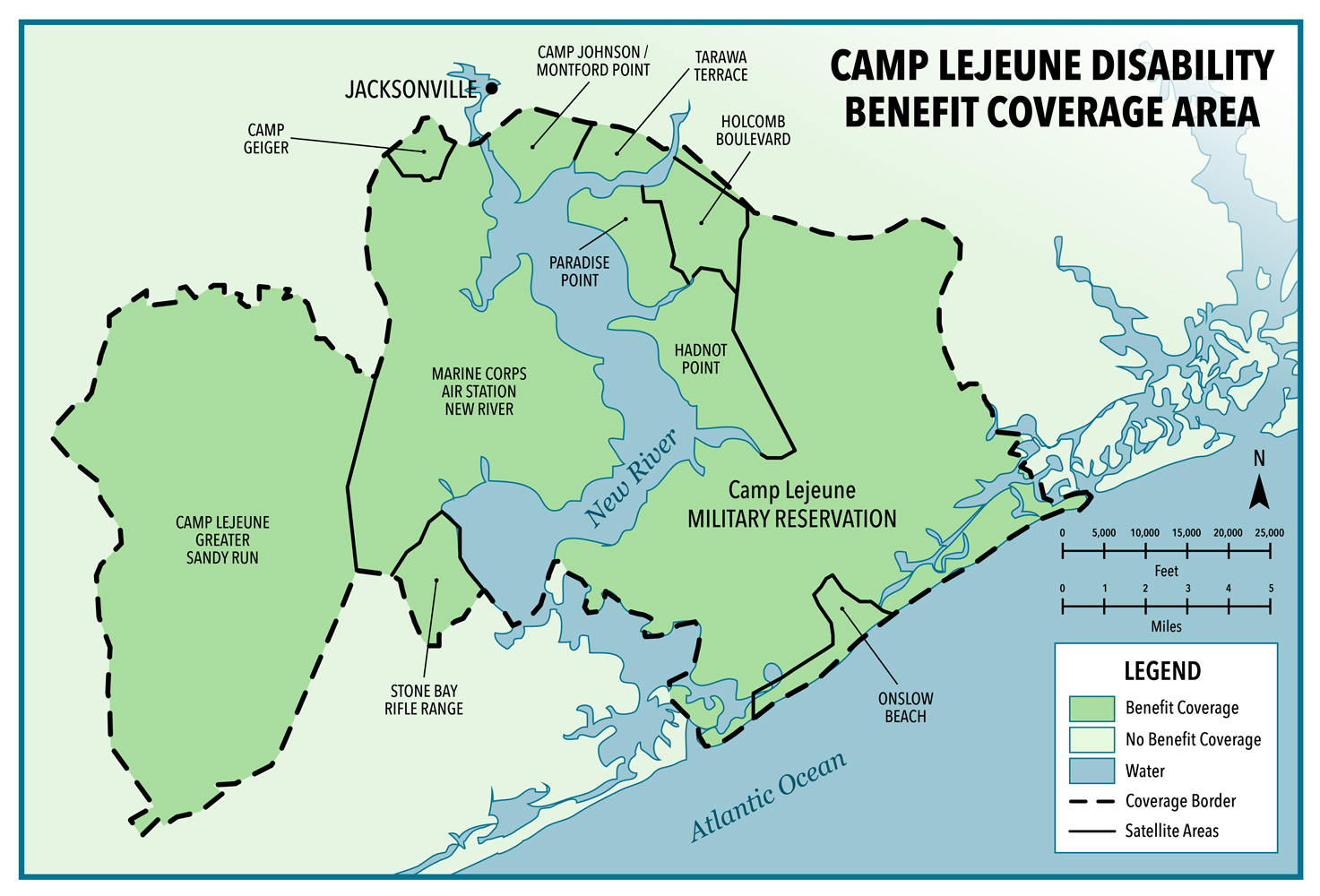 Camp Lejeune disability coverage area map which includes Greaster Sandy Run, Air Station New River, Stone Bay Rifle Range, Camp Geiger, Camp Johnson-Montford Point, Tarawa Terrace, Holcomb Boulevard, Paradise Point, Hadnot Point, and Onslow Beach