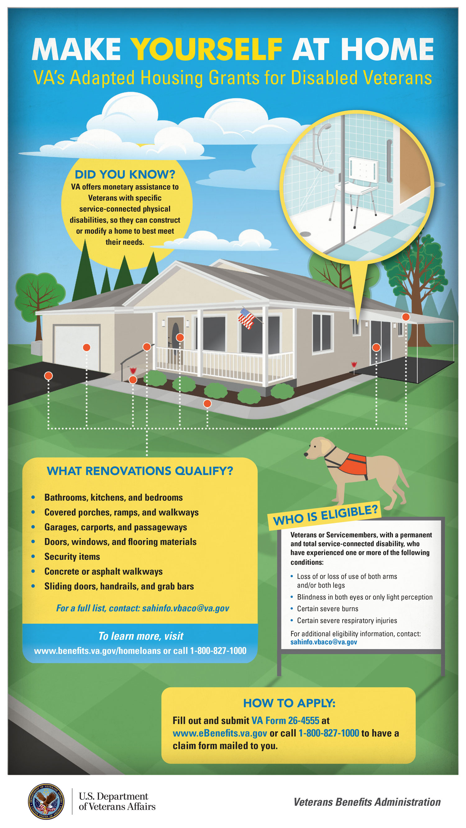 MAKE YOURSELF AT HOME. VA's Adapted Housing Grants for Disabled Veterans. Did you know VA offers monetary assistance to Veterans with specific service-connected physical disabilities, so they can construct or modify a home to best meet their needs? This is infographic details the types of renovations that qualify, the eligibility conditions, and how you can apply by submitting VA Form 26-4555 at www.eBenefits.va.gov or call 1-800-827-1000 to have a claim form mailed for you. Please see PDF Download link to view an accessible PDF that addresses the text content of this document.